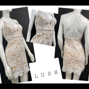 Extreme Low Cut Crochet Lace & Nude Mini Dress